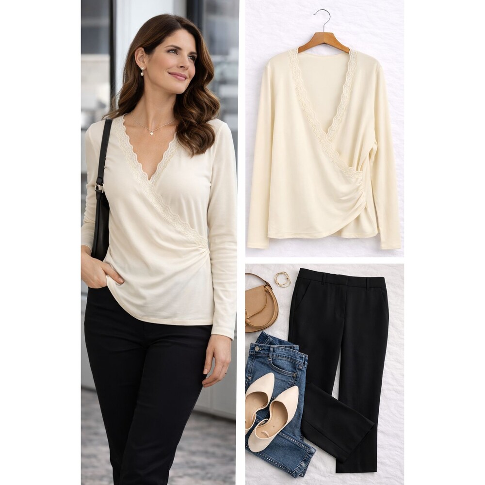 New Nine West Cross Over Knit Top Size XL Ivory Lace Trim Long Sleeve